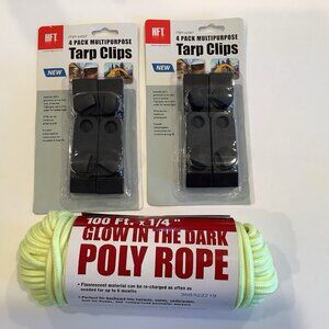 2 Packs HFT Multipurpose Tarp Clips 8pc (16)  100ft X 1/4” Glow In The Dark Rope